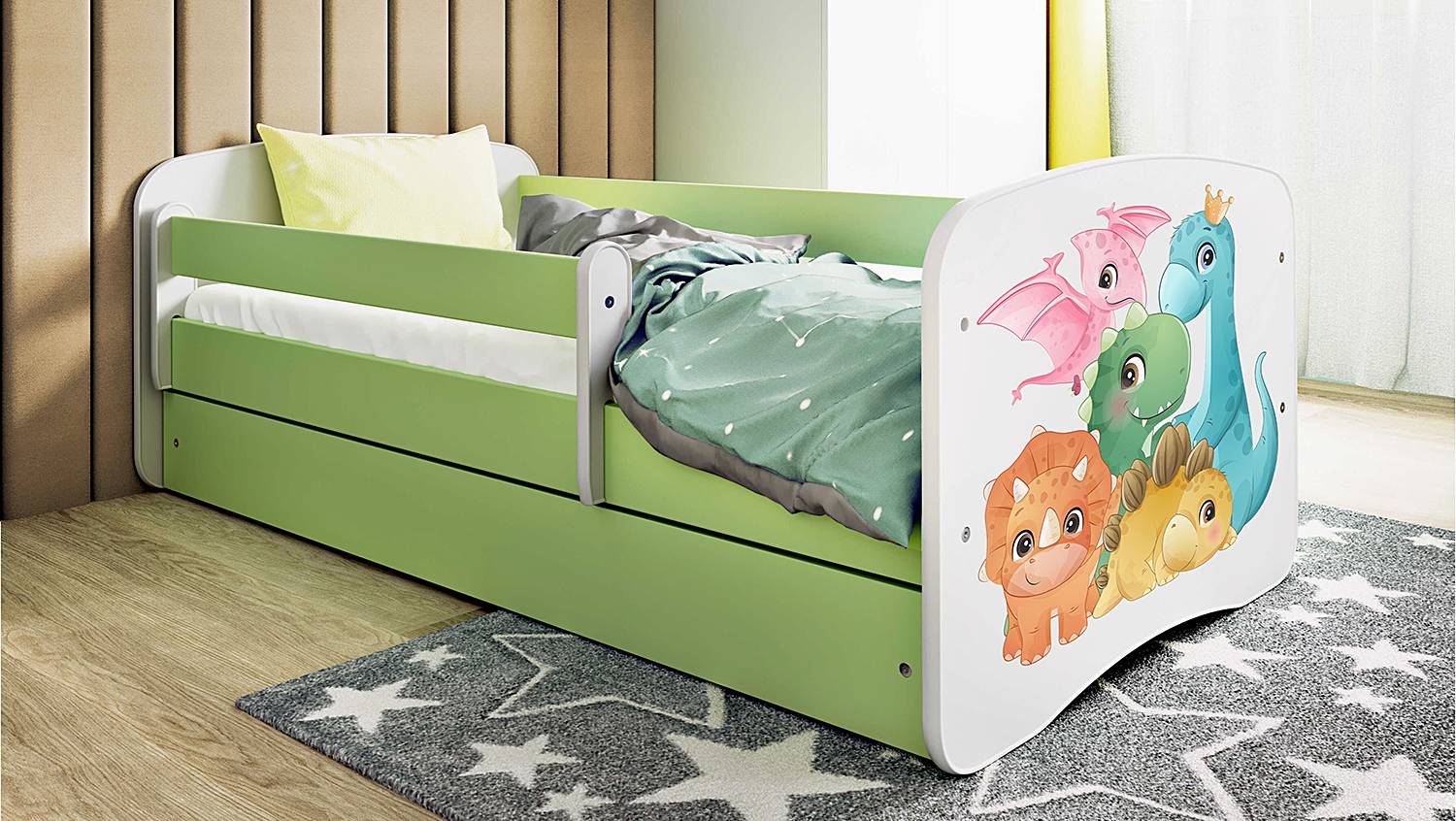 home24 Einzelbett - Dino 70 x 140cm mit Lattenrost & Matratze Grün/Hellgrün von home24