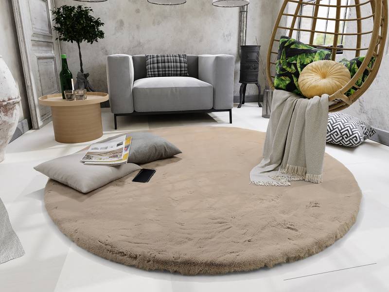 home24 Fellteppich Lavabile Extra rund Beige/Taupe Ø 120cm Kunstfell von home24