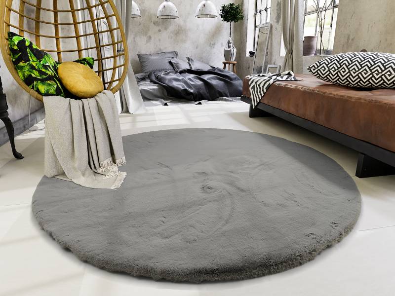 home24 Fellteppich Lavabile Extra rund Grau/Dunkelgrau Ø 120cm Kunstfell von home24