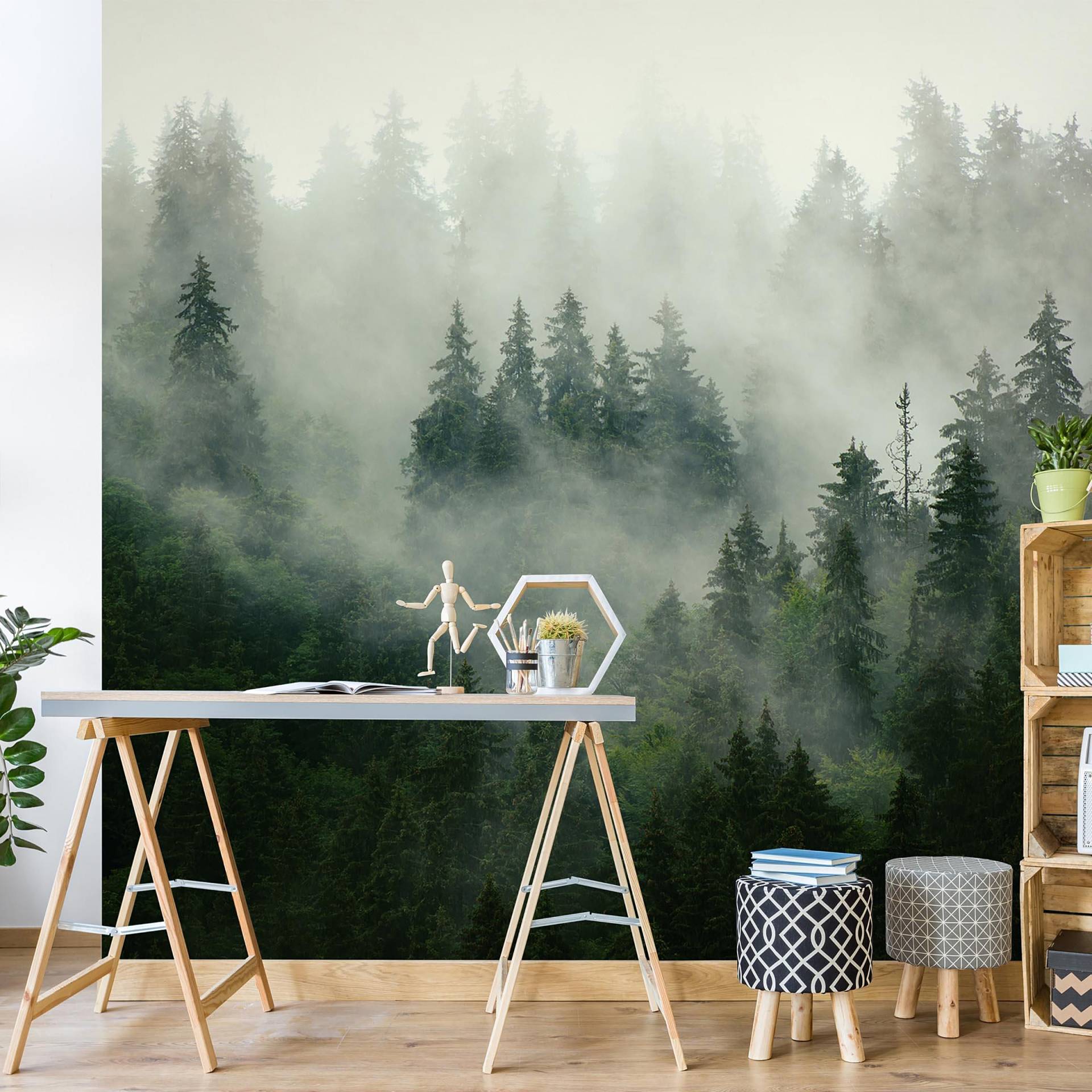 home24 Fototapete Tannenwald im Nebel 336 x 336cm 336 x 336 cm von home24