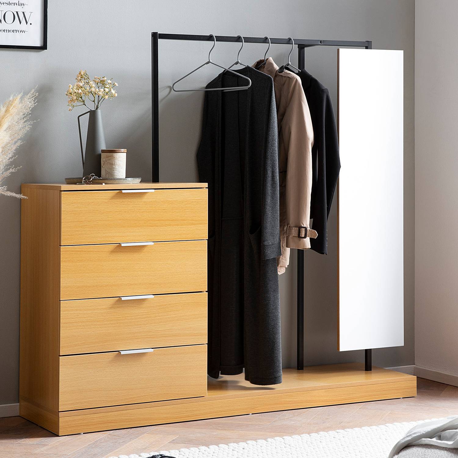 home24 Garderobe Yakimy mit großem Spiegel 145 x 138 x 41cm Braun von home24