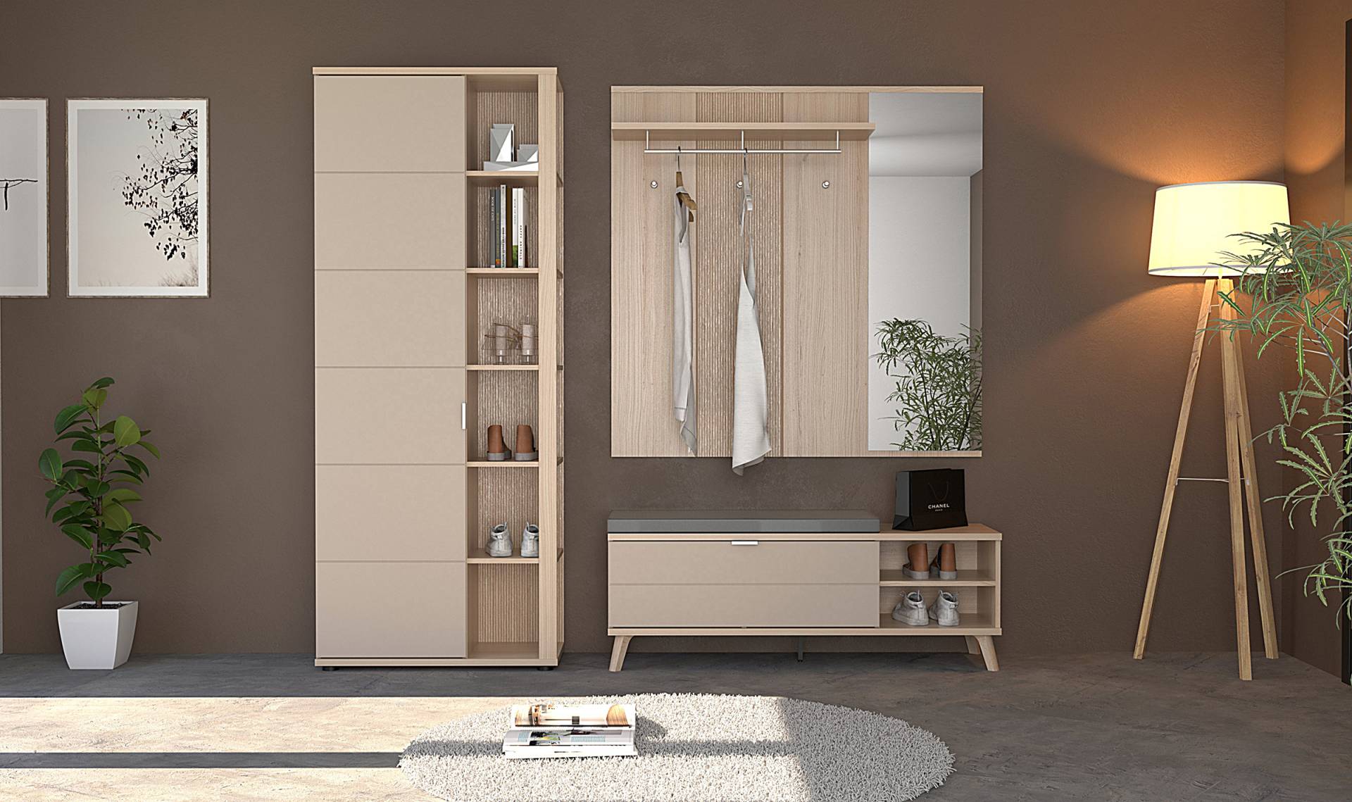 home24 Garderobenpaneel mit Spiegel 130 x 130 x 30cm Beige von home24