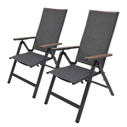 home24 Gartenstuhl 2er-Set, Alu Hochlehner klappbar mit Verstellbarer Rückenlehne, Teakbraun Armlehnen, Balkonstuhl Aluminium mit Textilene in Anthrazit, wetterfest & pflegeleicht, ergonomisch von home24