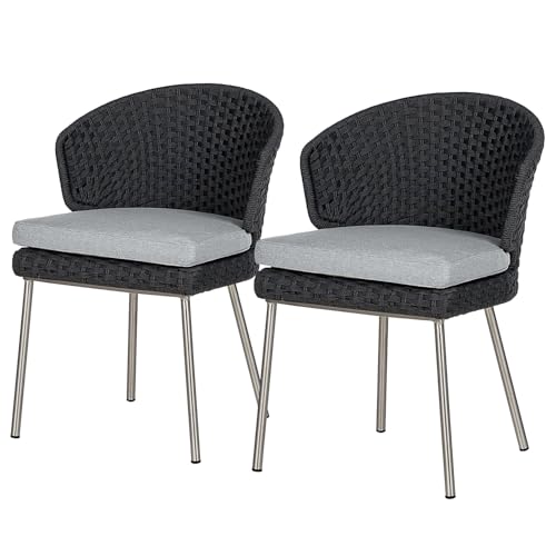 home24 Gartenstuhl 2er-Set, Outdoor Rattan Stuhl mit Rückenkissen, gebürstetes Edelstahl & Polyester in Schwarz-Grau, wetterfest von home24
