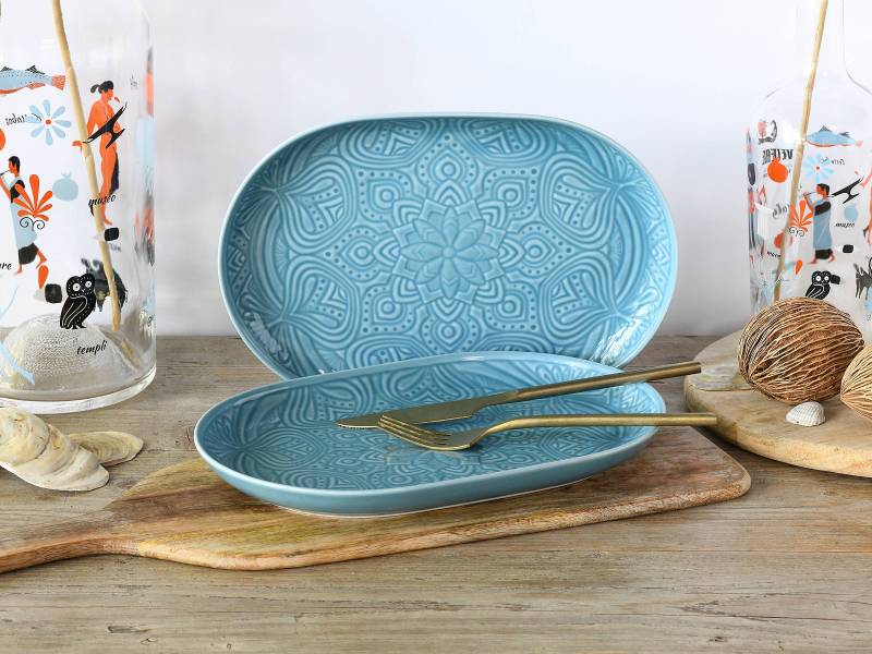 home24 Geschirr-Set Orient Mandala 12-teilig 22 x 7 x 29cm Blau/Antikblau von home24