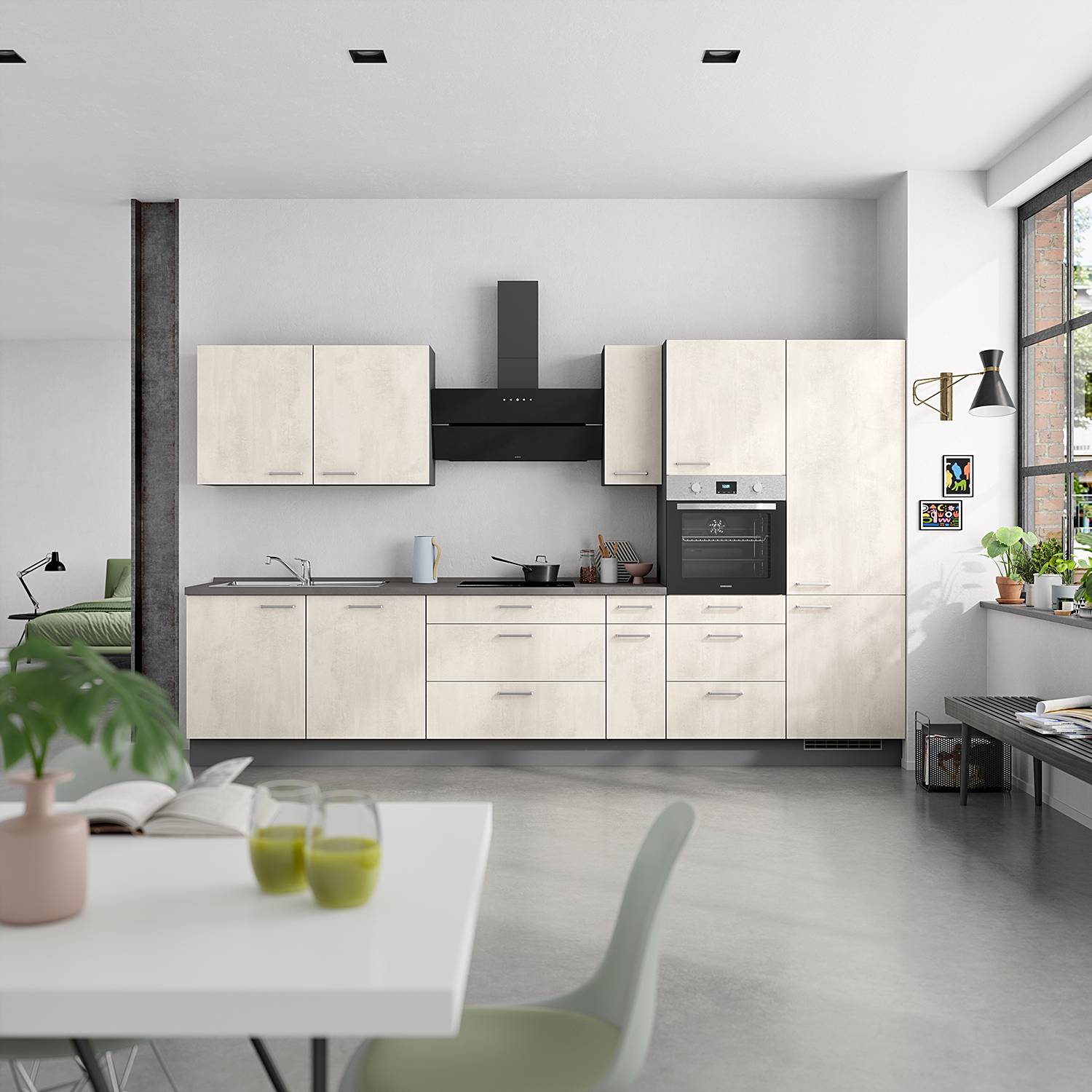 home24 Hängeschrank Riva mit 1 Tür 60cm Türanschlag links Weiß/Weißbeton Dekor von home24