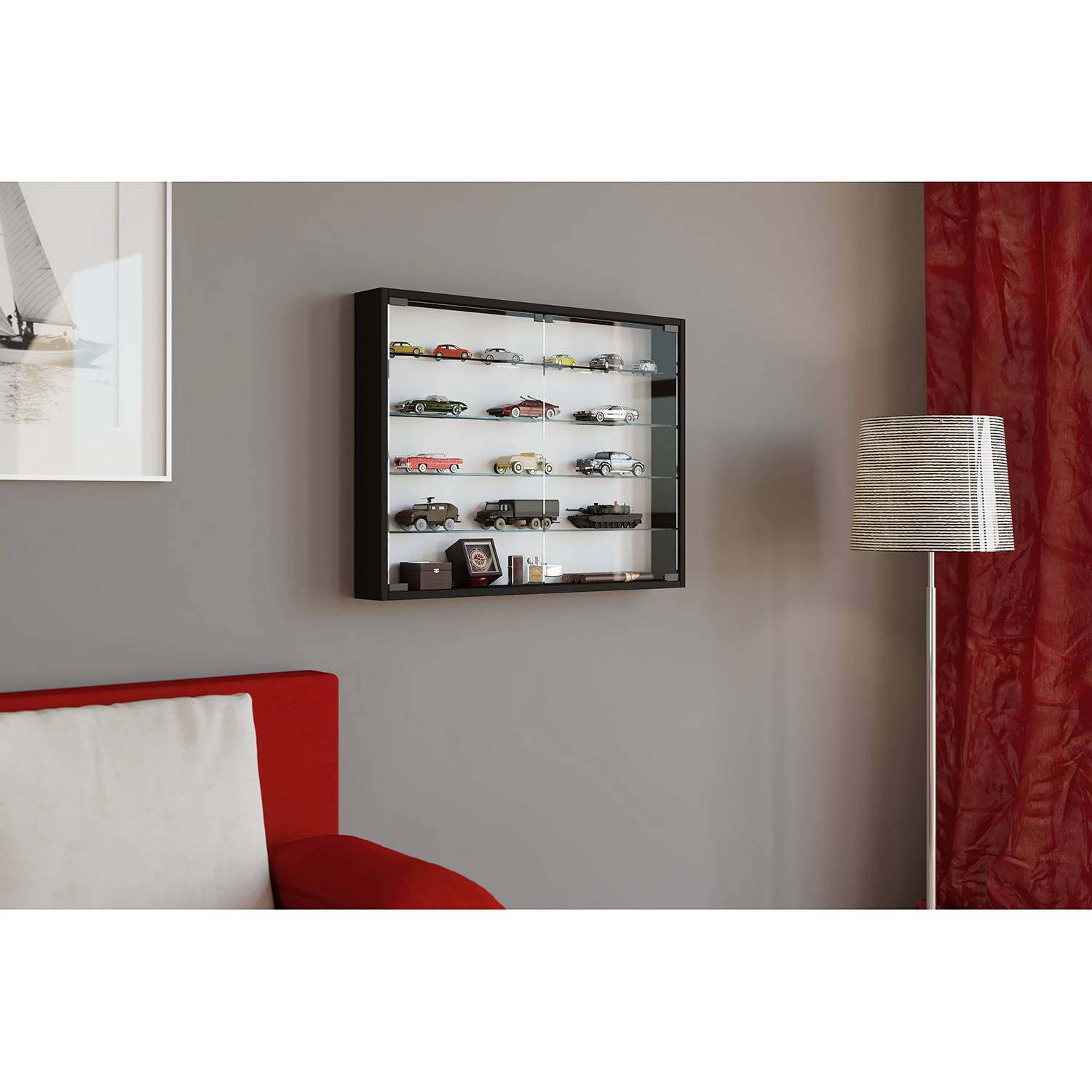 home24 Hängevitrine Mandosa II 80 x 60 x 10cm Schwarz/Schwarz/Weiß von home24