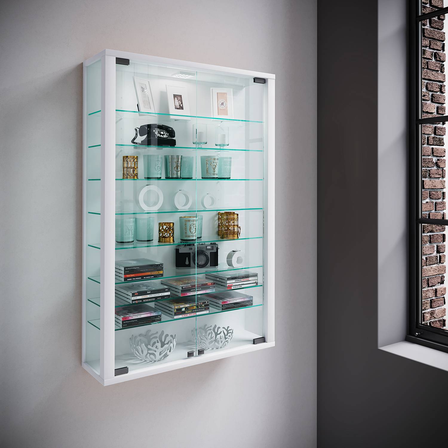 home24 Hängevitrine Vitrosa I 59 x 90 x 18cm Weiß/Weiß von home24