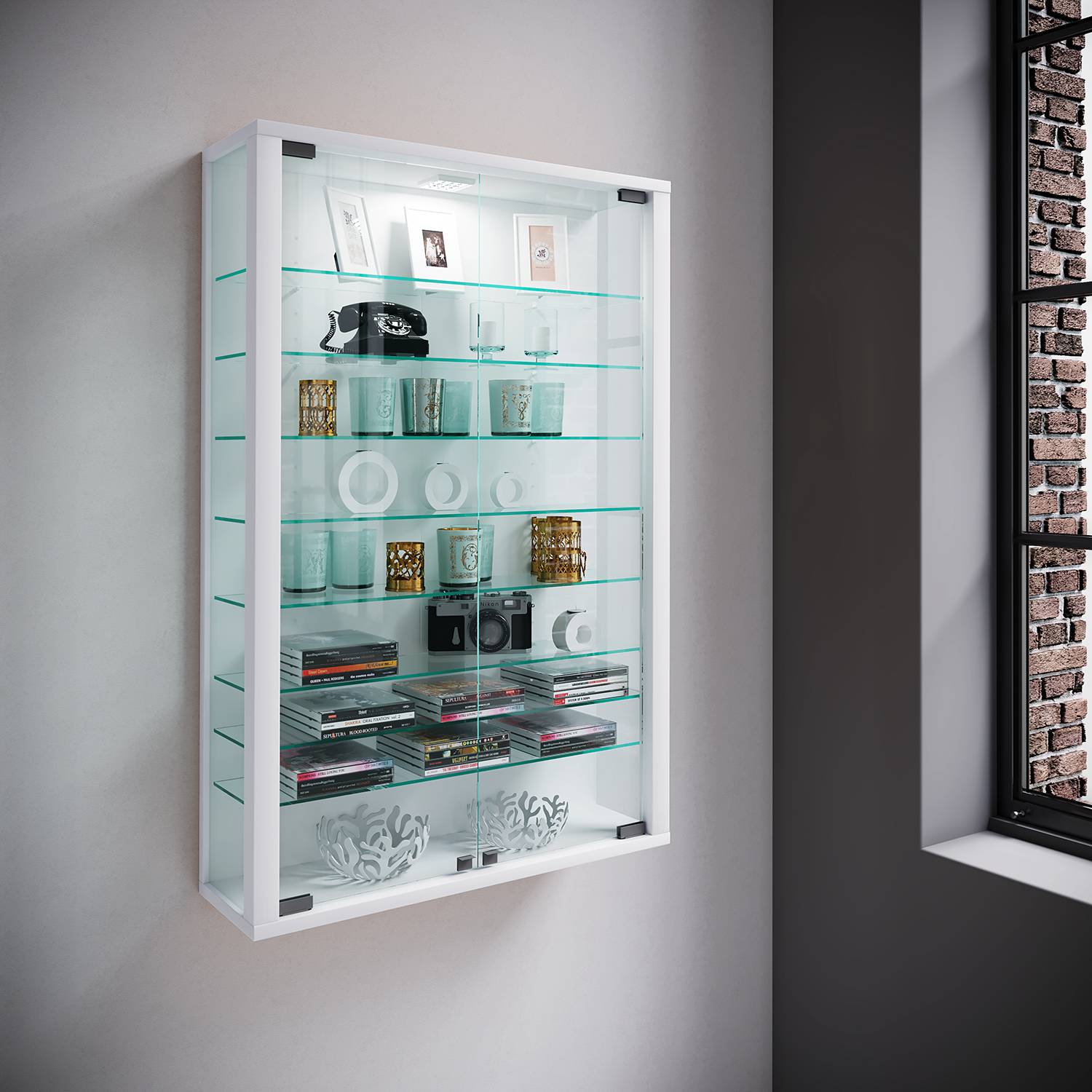 home24 Hängevitrine Vitrosa II 59 x 90 x 18cm Weiß/Weiß von home24