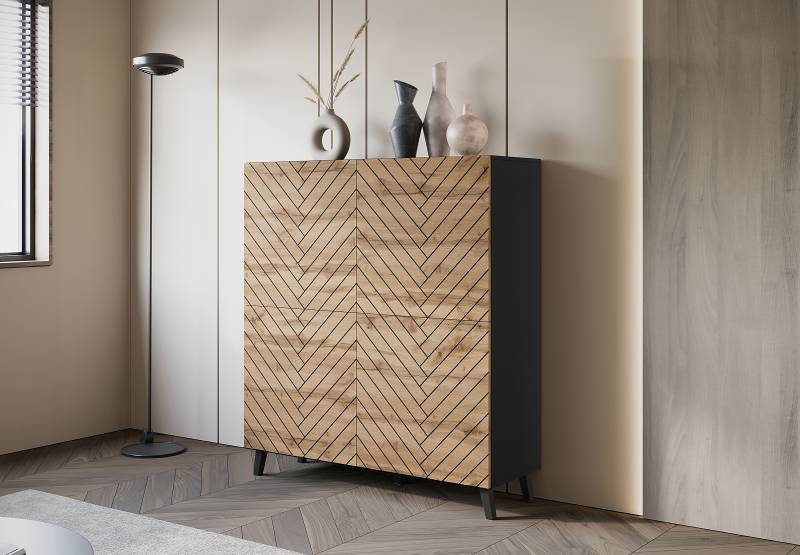 home24 Highboard Orrock - 120 cm 120 x 128 x 39cm Schwarz/Wotaneiche Dekor/Graphit von home24