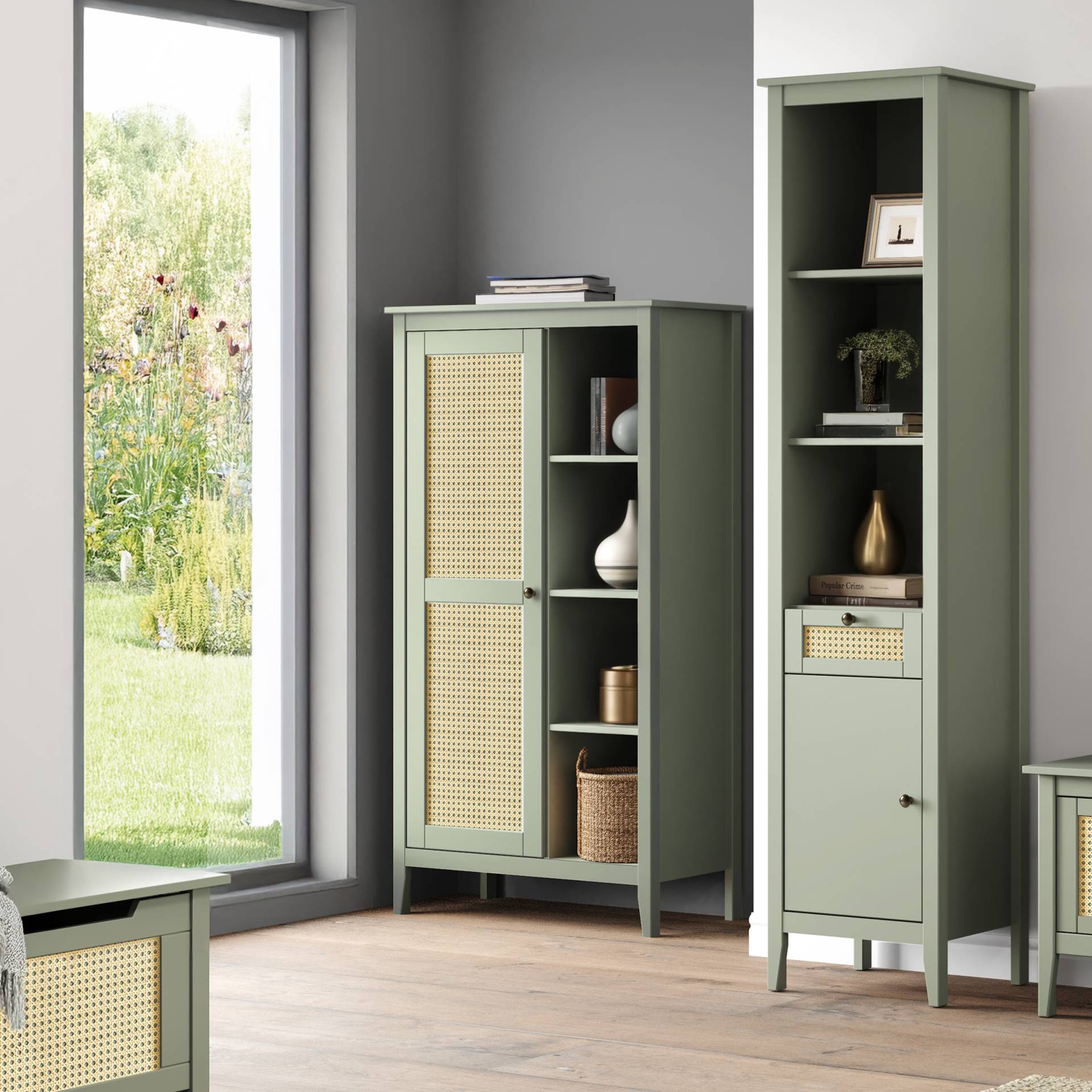 home24 Highboard mit offenen Fächern 85 x 156 x 40cm Grün von home24