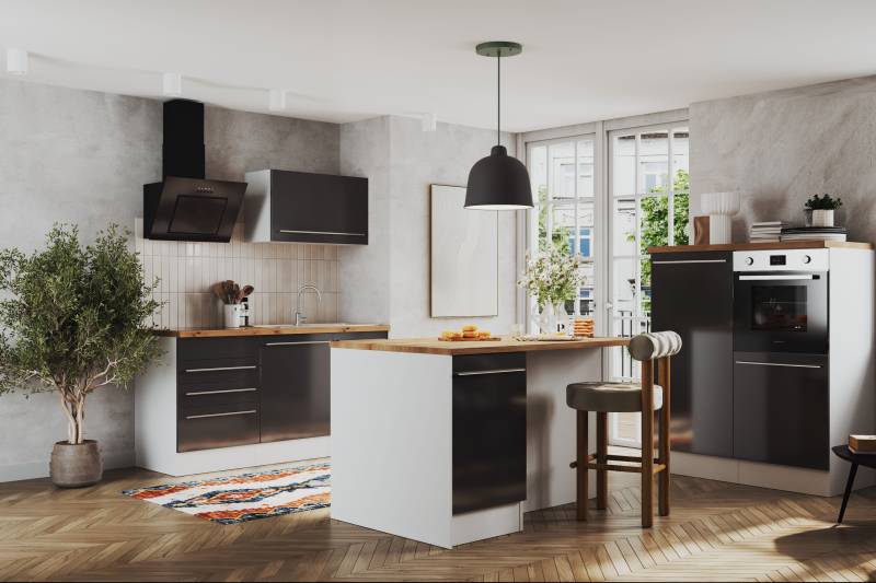 home24 Inselküche Gabriel Variante A 290cm Grau/Hochglanz Grau von home24