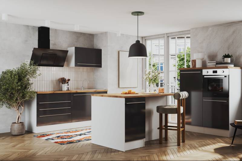 home24 Inselküche Gabriel Variante A 320cm Grau/Hochglanz Grau von home24