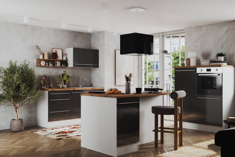 home24 Inselküche Gabriel Variante B 290cm Grau/Hochglanz Grau von home24