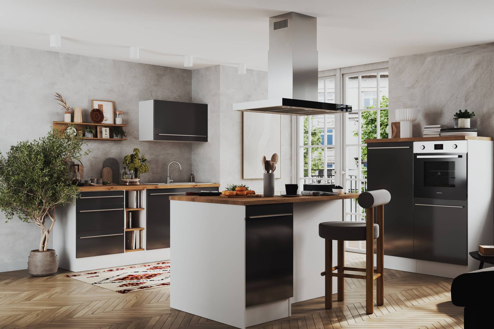 home24 Inselküche Gabriel Variante B 320cm Grau/Hochglanz Grau von home24