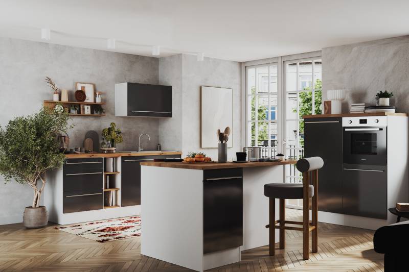 home24 Inselküche Gabriel mit Muldenlüfter 320 x 200 x 60cm Grau/Hochglanz Grau von home24