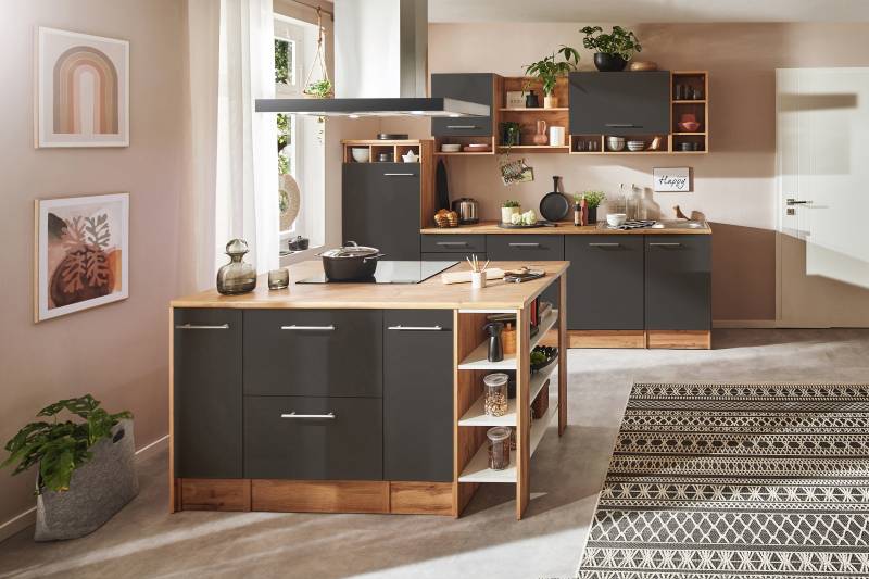 home24 Inselküche Hilde Variante A 280cm Grau/Grau von home24