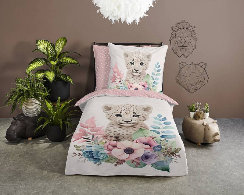 home24 Kinderbettwäsche Leopard 135 x 200 cm + Kissen 80 x 80 cm Weiß/Multicolor/Pink von home24