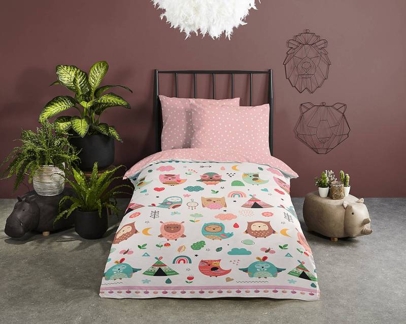 home24 Kinderbettwäsche Vögel 100 x 135 cm + Kissen 40 x 60 cm Pink/Multicolor/Pink von home24