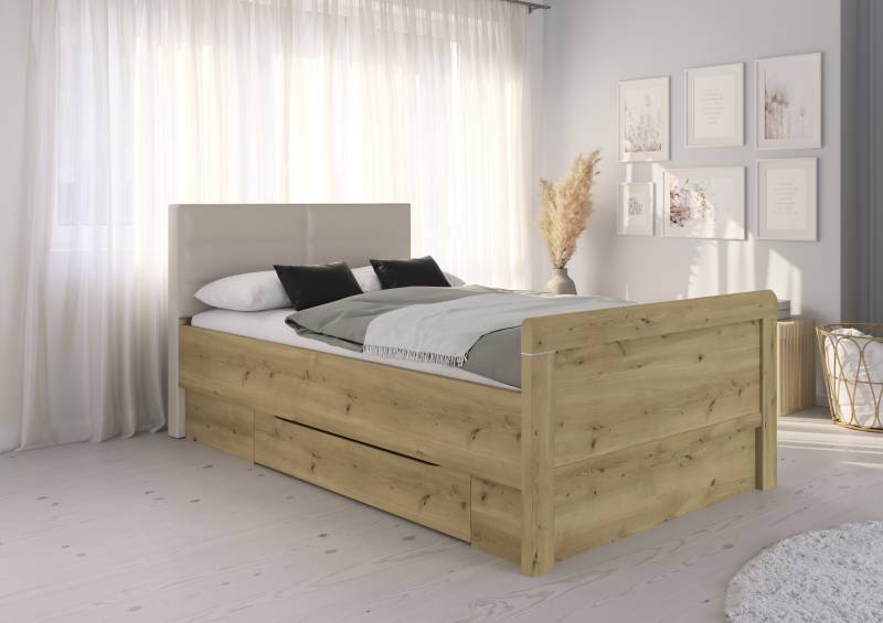 home24 Komfortbett mit Polsterkopfteil 120 x 200cm Kunstleder Holz/Asteiche Dekor 1 Bettkasten Eiche von home24
