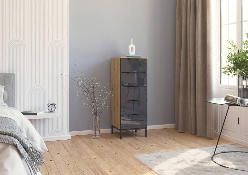 home24 Kommode Glas mit Gestell 40cm Holz/Braun/Eiche Artisan Dekor/Grau von home24