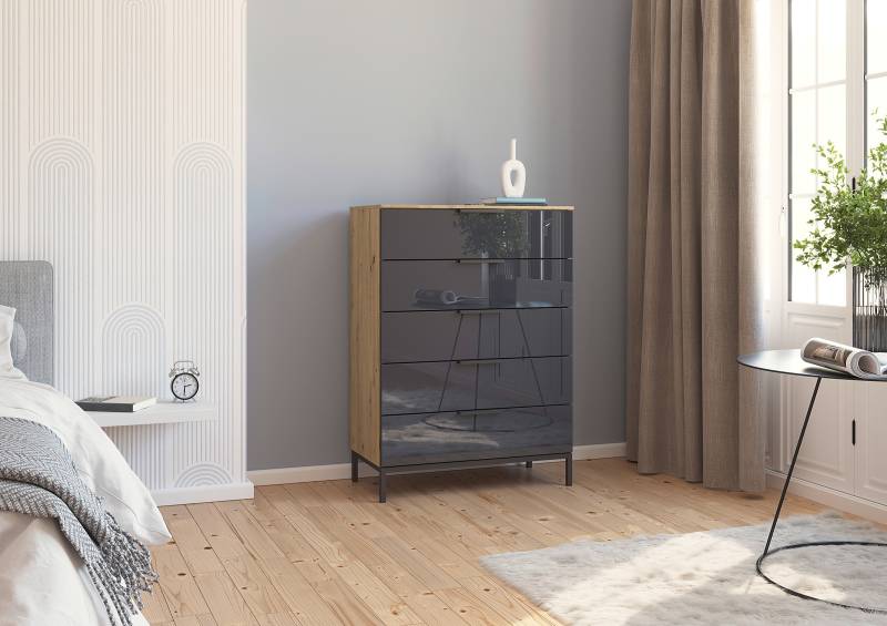 home24 Kommode Glas mit Gestell 80cm Holz/Braun/Eiche Artisan Dekor/Grau von home24