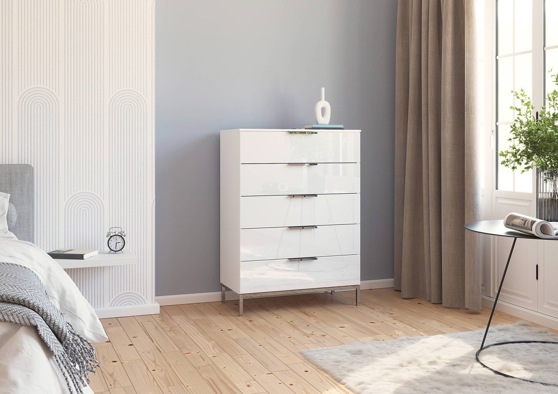 home24 Kommode Glas mit Gestell 80cm Weiß/Alpinweiß/Chrom von home24