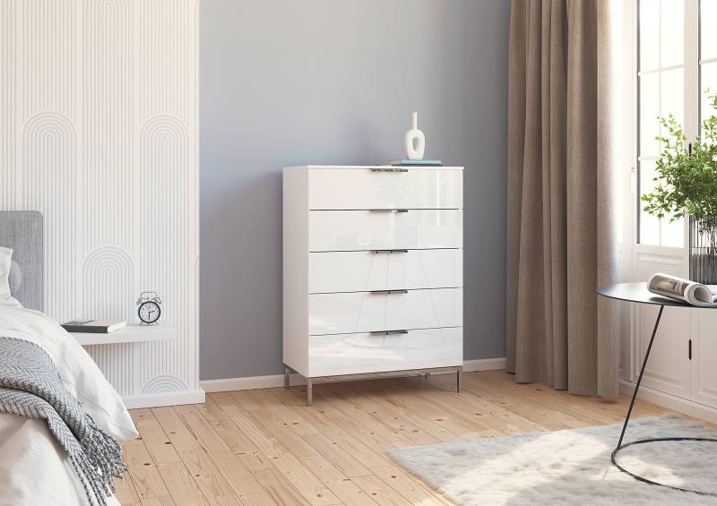 home24 Kommode Glas mit Gestell 80cm Weiß/Alpinweiß/Chrom von home24
