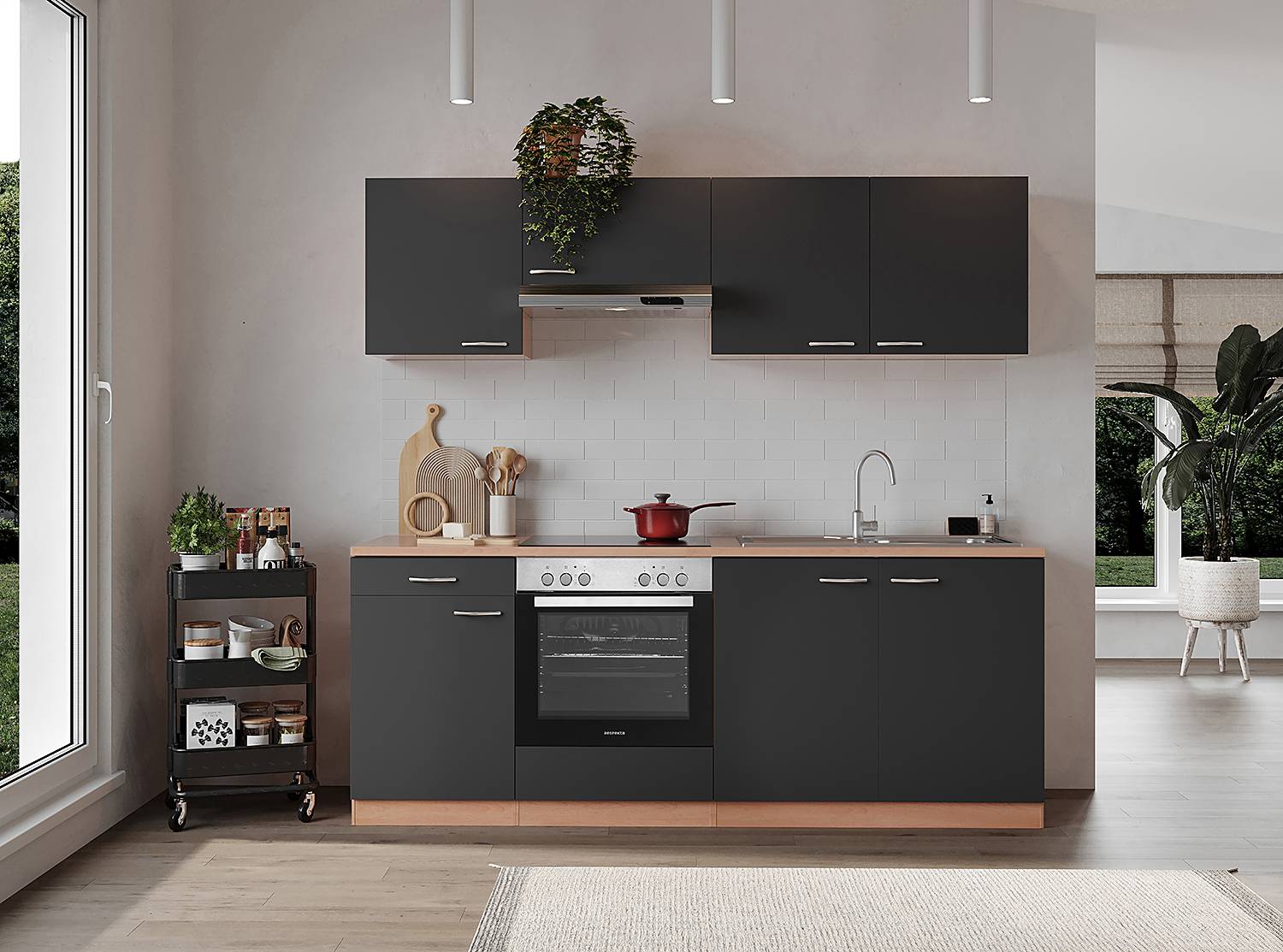 home24 Küchenzeile Gerda 210cm Braun/Grau/Grau/Buche Glaskeramik von home24