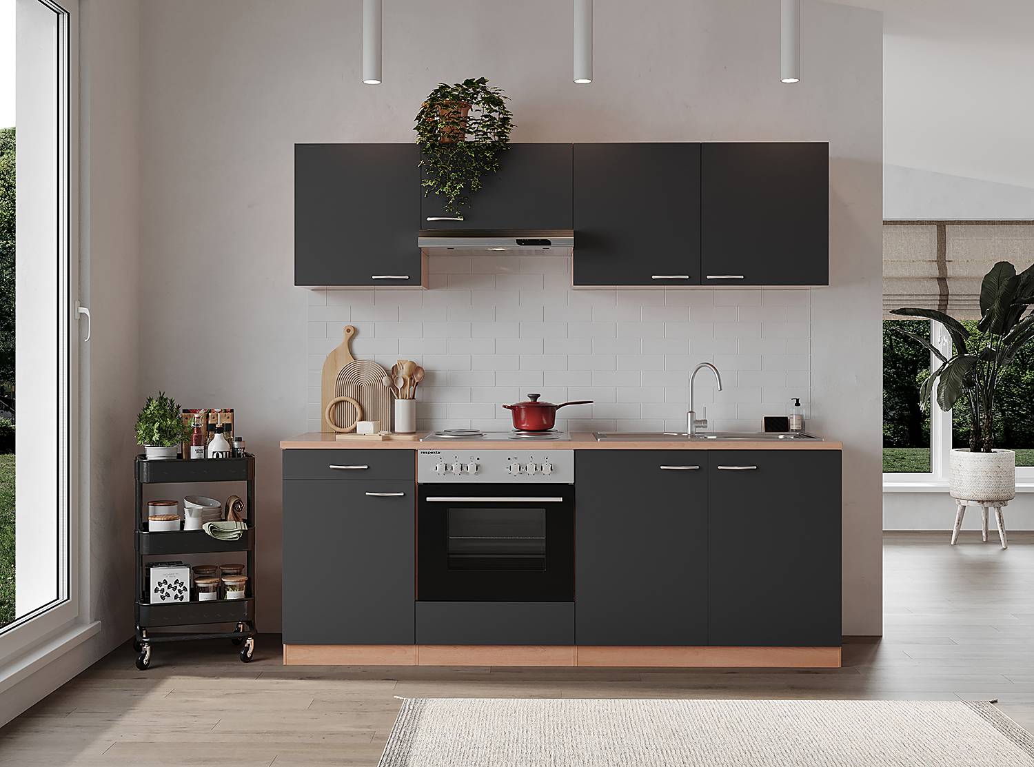 home24 Küchenzeile Gerda 210cm Braun/Grau/Grau/Buche Kochplatte von home24