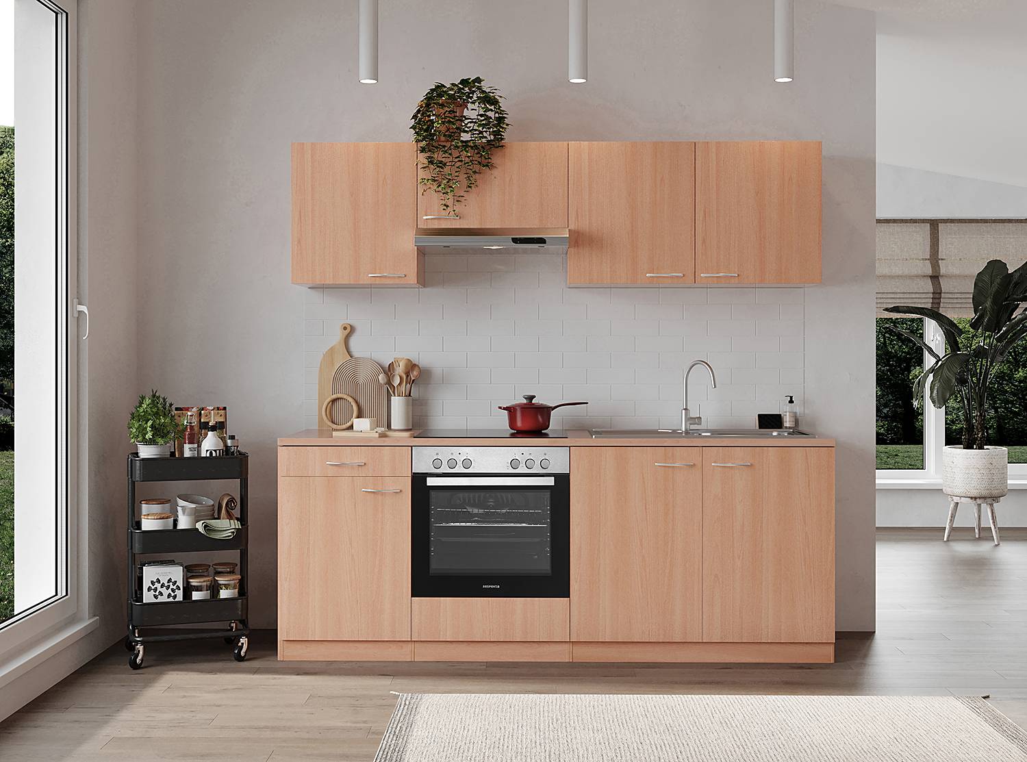 home24 Küchenzeile Gerda 210cm Holz/Buche Dekor Glaskeramik von home24