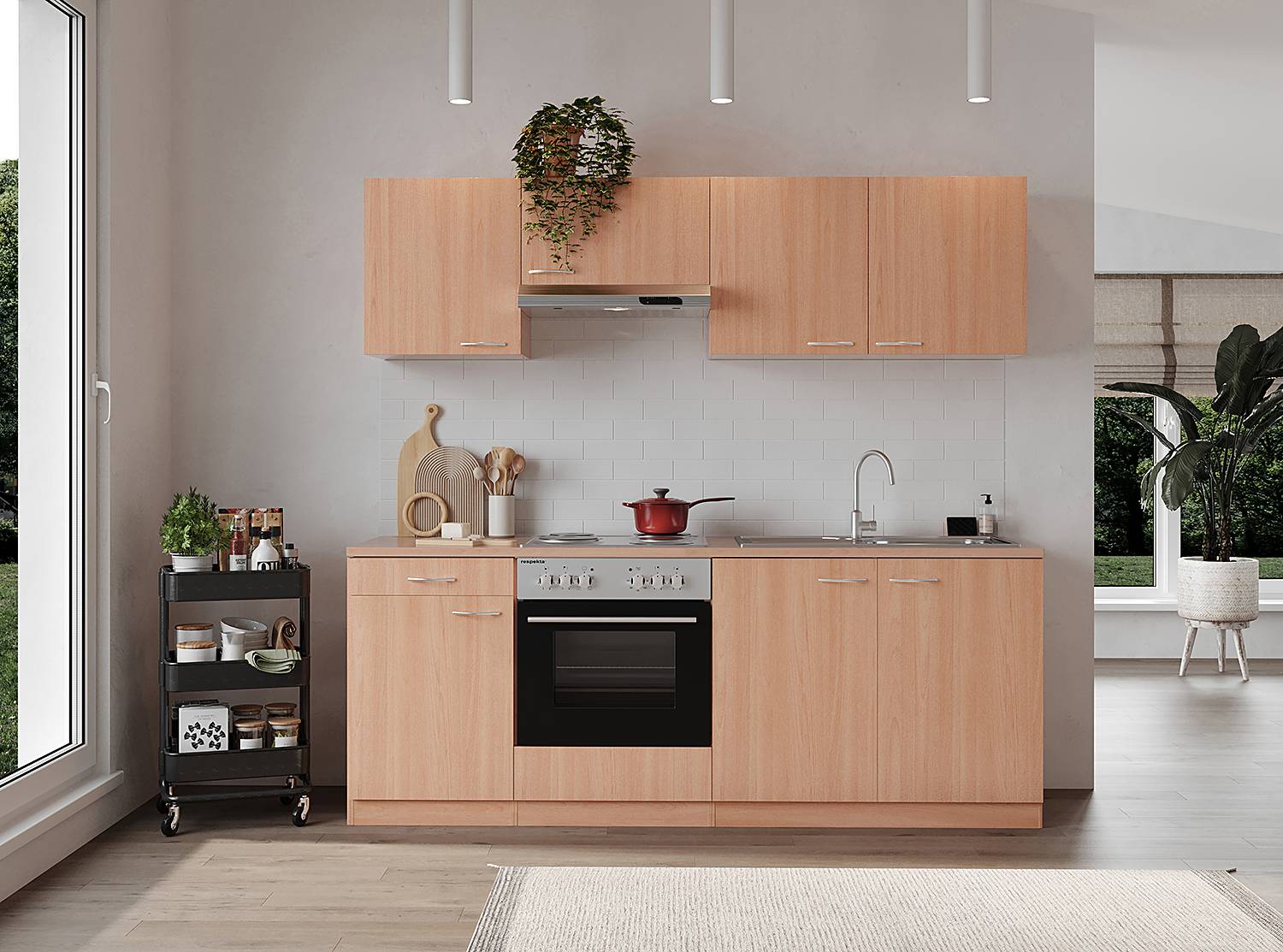 home24 Küchenzeile Gerda 210cm Holz/Buche Dekor Kochplatte von home24