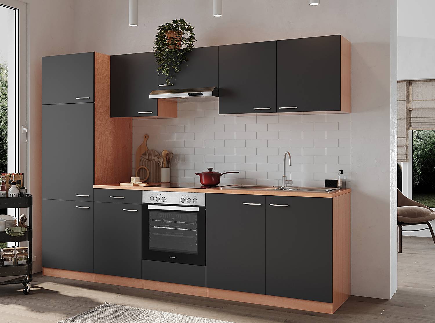 home24 Küchenzeile Gerda 270cm Braun/Grau/Grau/Buche Glaskeramik von home24