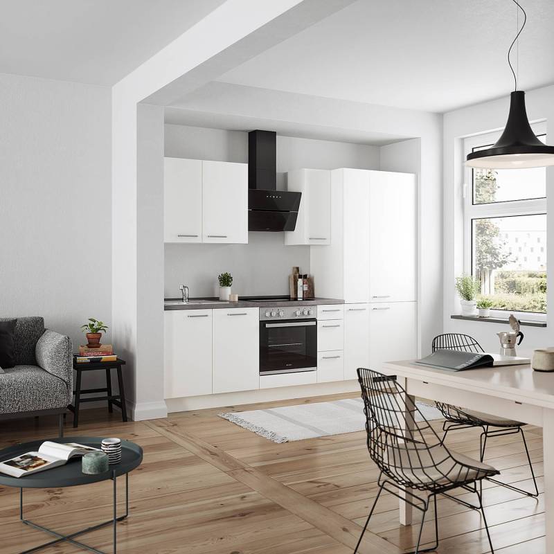 home24 Küchenzeile High-Line Touch Variante A 270cm Ausrichtung rechts Weiß/Alpinweiß/Schiefergrau mit Elektrogeräten von home24