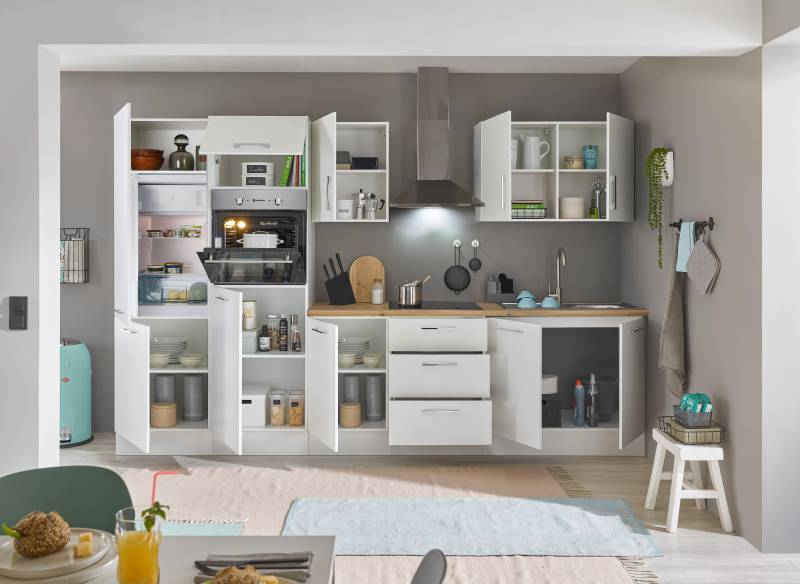 home24 Küchenzeile Variante F 330cm Weiß/Matt Weiß Glaskeramik mit Elektrogeräten von home24