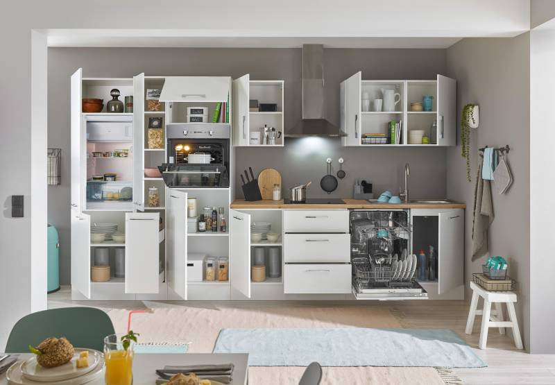 home24 Küchenzeile Variante G 370cm Weiß/Matt Weiß Glaskeramik mit Elektrogeräten von home24