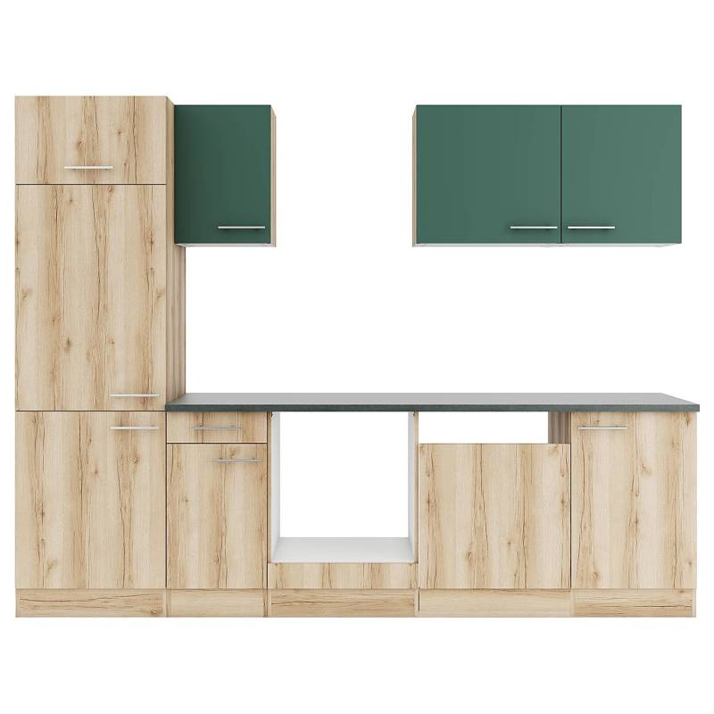 home24 Küchenzeile Wildeiche B 270cm Grün/Wildeiche Dekor/Grün ohne Elektrogeräte von home24