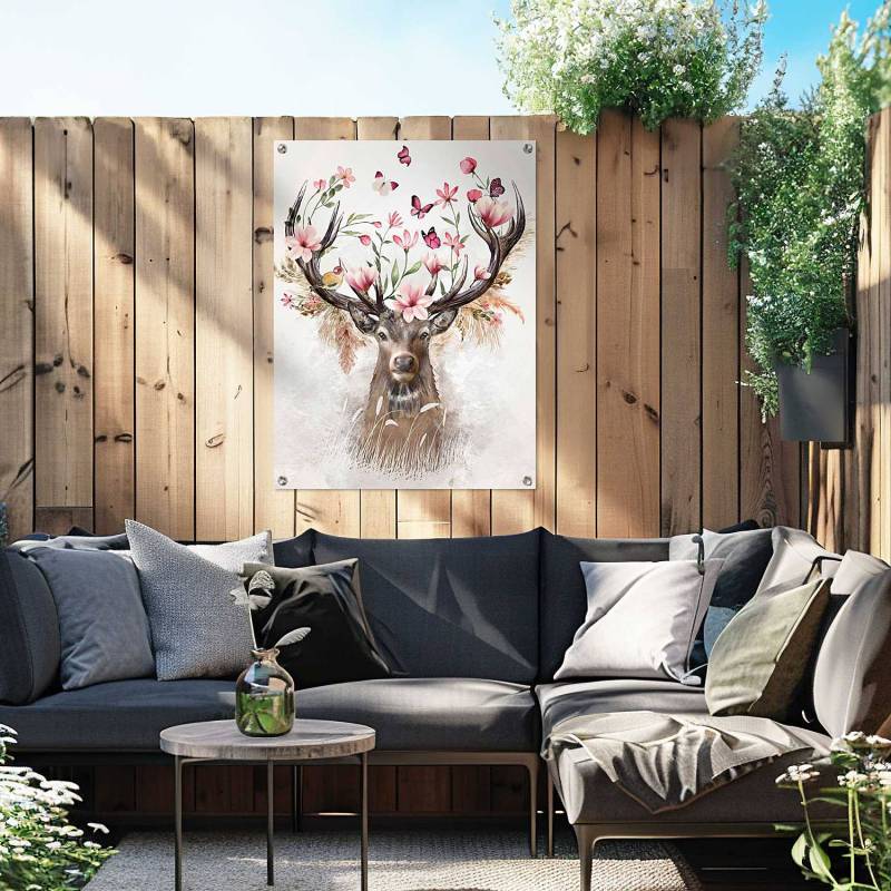 home24 Outdoor-Poster Hirsch in Blumen PVC Pink/Pink 60 x 80 x 0cm von home24