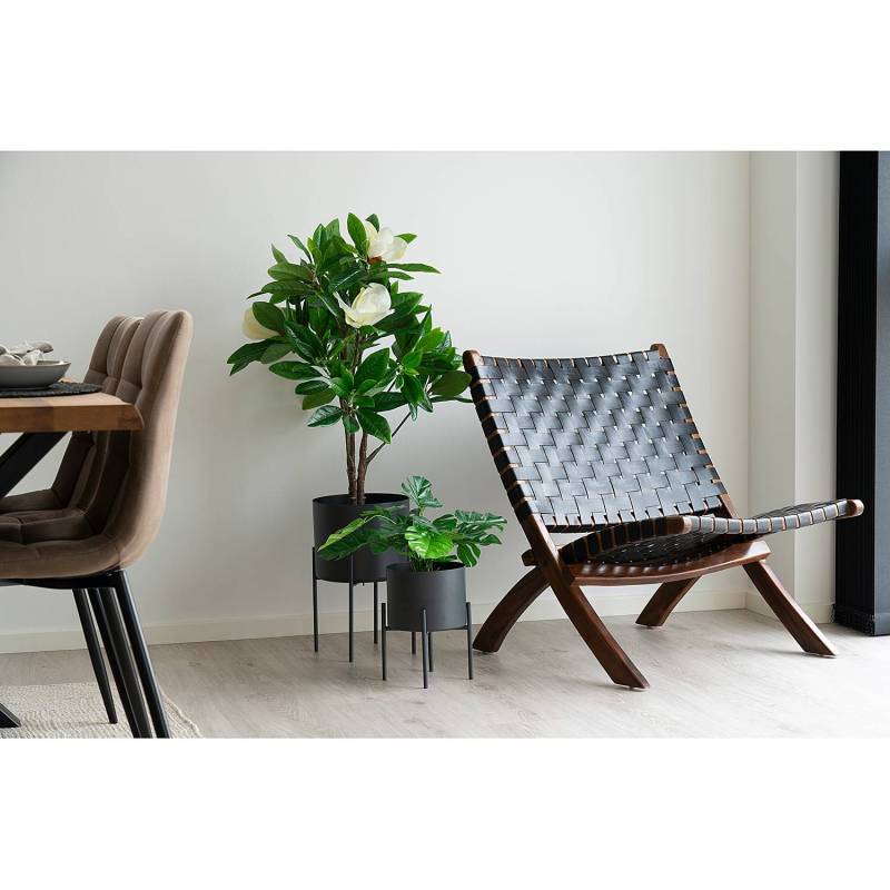 home24 Loungesessel Lerum Teakholz Massiv Leder Schwarz/Schwarz 66 x 73 x 75cm von home24
