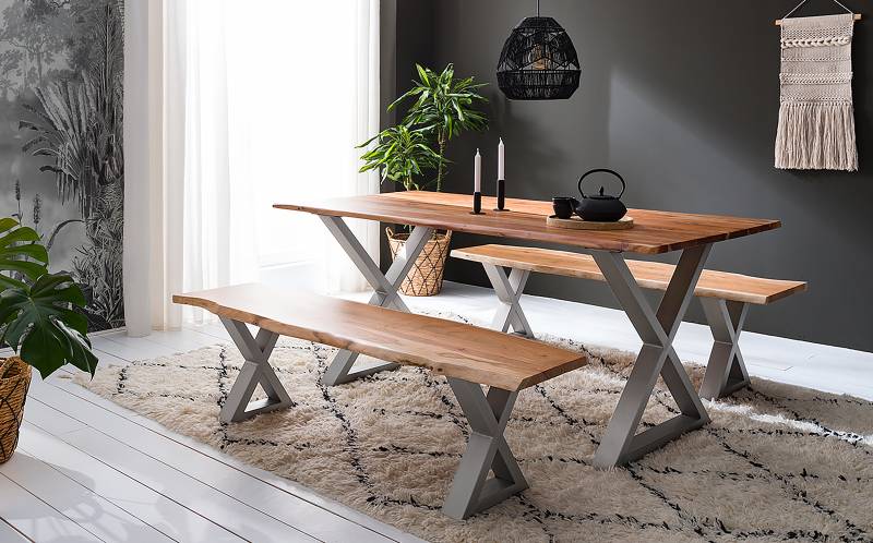 home24 Massive Baumkanten-Sitzbank 160cm Braun/Akazie Braun X-Form Silber von home24