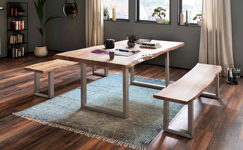 home24 Massive Baumkanten-Sitzbank 180cm Braun/Akazie Braun U-Form Silber von home24