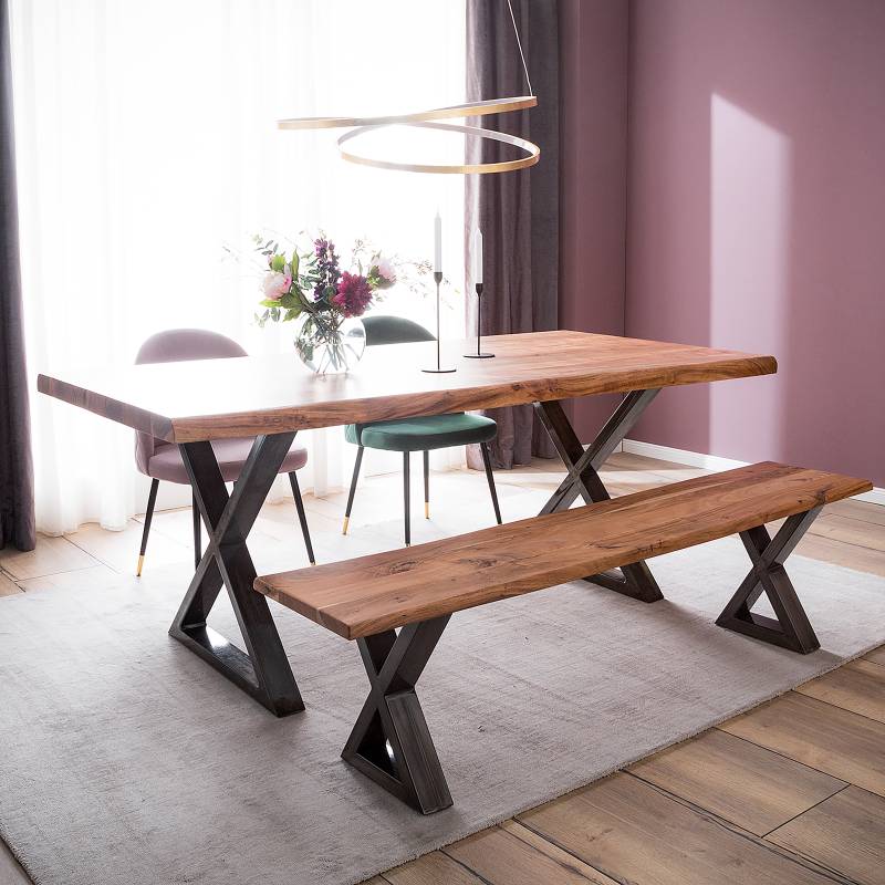 home24 Massive Baumkanten-Sitzbank 180cm Braun/Akazie Braun X-Form Vintage Metall von home24