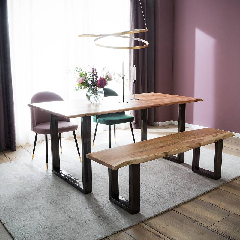 home24 Massiver Baumkanten-Esstisch 180 x 90cm Braun/Akazie Braun U-Form Vintage Metall von home24