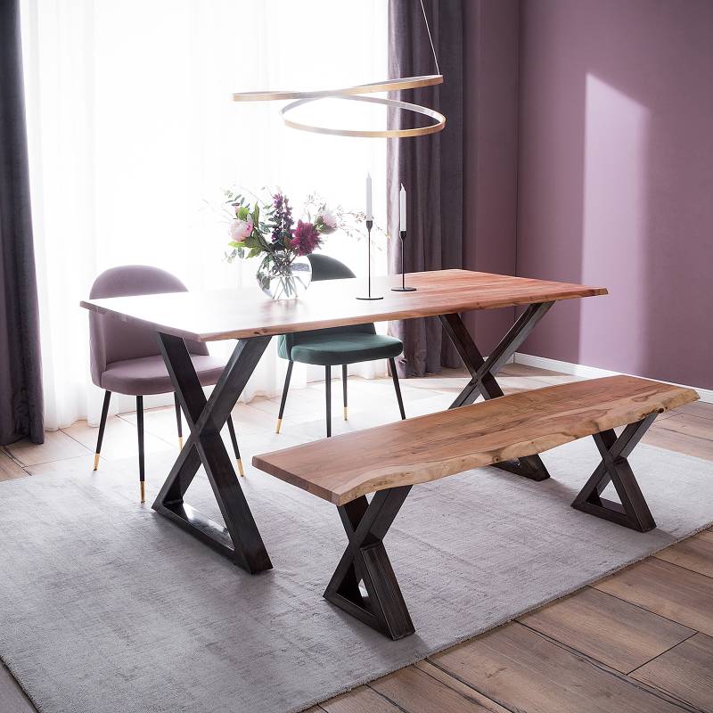 home24 Massiver Baumkanten-Esstisch 180 x 90cm Braun/Akazie Braun X-Form Vintage Metall von home24