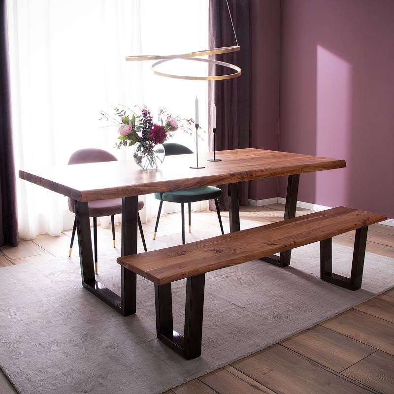 home24 Massiver Baumkanten-Esstisch 200 x 100cm Braun/Akazie Braun Trapezförmig Vintage Metall von home24