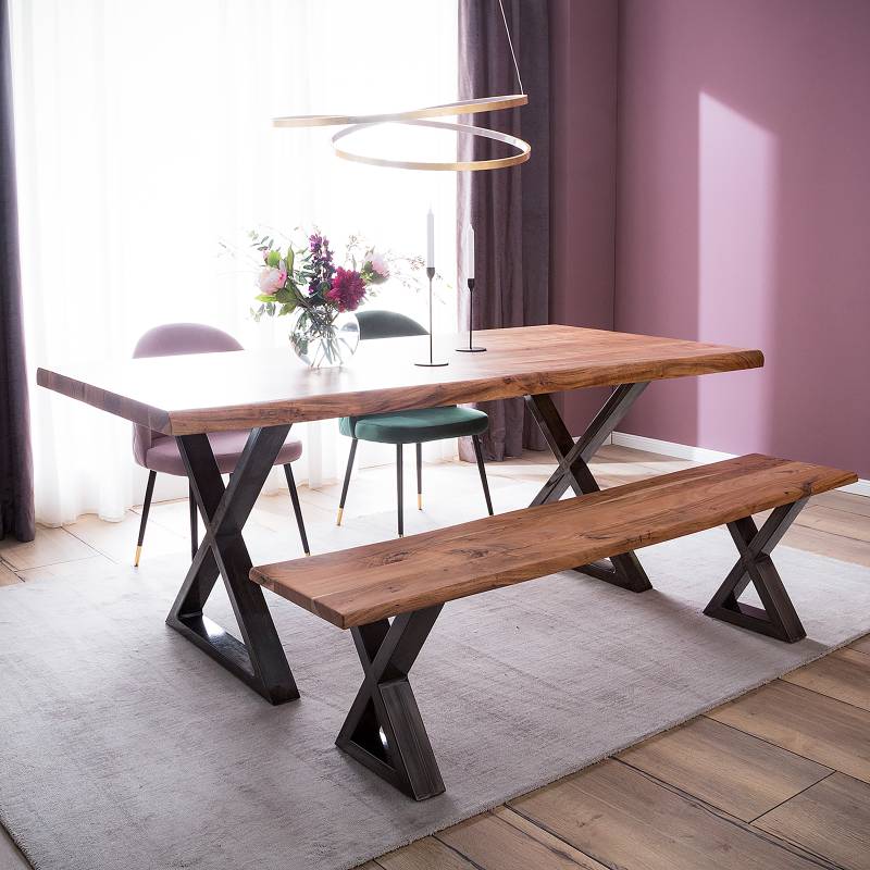 home24 Massiver Baumkanten-Esstisch 200 x 100cm Braun/Akazie Braun X-Form Vintage Metall von home24