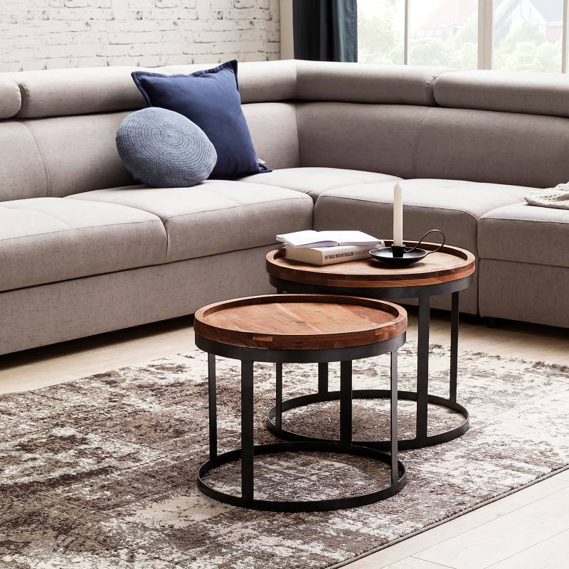 home24 Massiver Beistelltisch Thaska 2er-Set Ø 53cm Braun von home24
