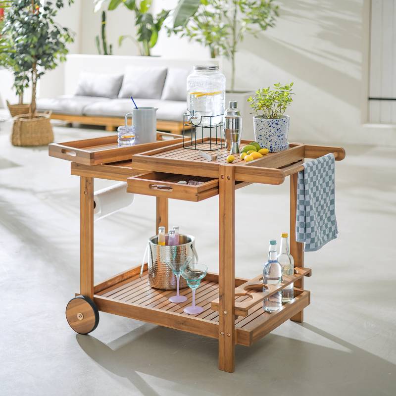 home24 Massiver Servierwagen Olly Massivholz Akazie, geölt 100 x 80 x 60cm Braun von home24