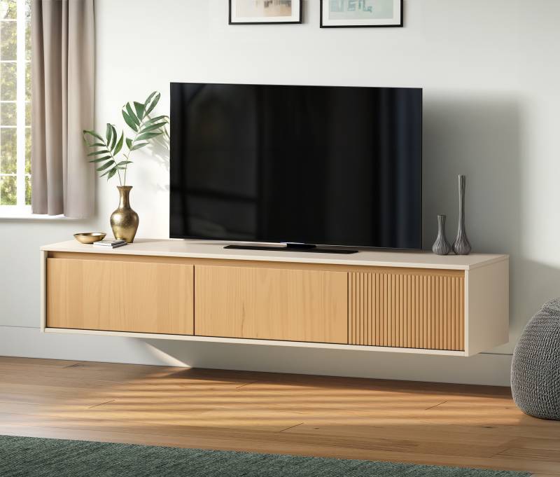 home24 Massives Hänge-Lowboard Massivholz Pinie, lackiert Braun/Beige 180 x 34 x 42cm von home24