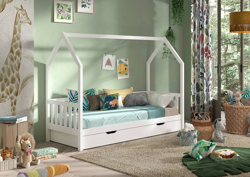 home24 Massives Hausbett Cabane 90 x 200cm Weiß/Weiß mit Bettkasten von home24